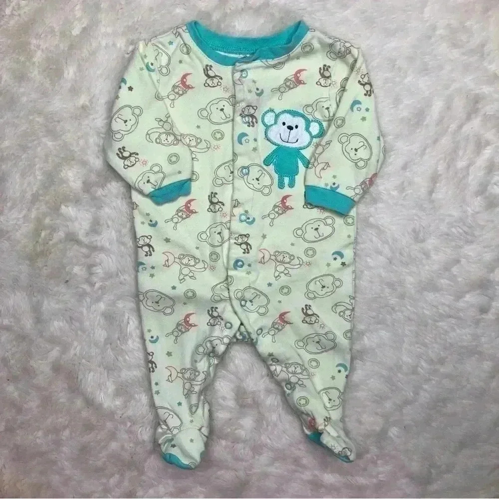 Pekkle Footed Onesie Pajamas Monkey Green / Blue Size 3 Months